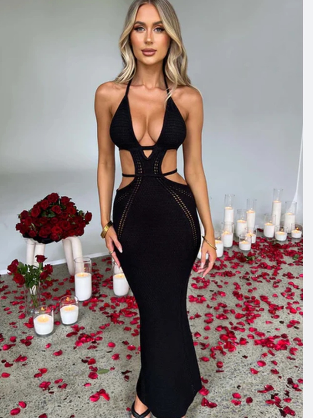 Black Cutout Halter Maxi Dress with Sculpted Waist